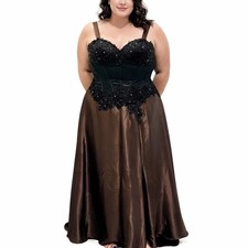 Jovani Embellished Lace Brown Satin Black Beaded Prom Evening Gown 12 Pageant