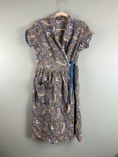 Vintage Womens Wrap Dress Paisley Print Blue Short Sleeve Tie Waist Midi Boho