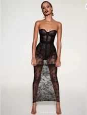 Skims Womens Lace Corset Long Maxi Dress Size Medium Black Stretch Polyamide