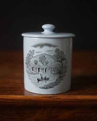 Vintage Copeland Spode Pulver Blau Marmelade Senf Durchhalten Topf Glas Fluss Szene