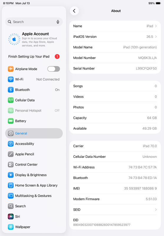 Apple iPad (10th Generation) A2777 64 GB, Wi-Fi + 5G, 10.9 in - Blue