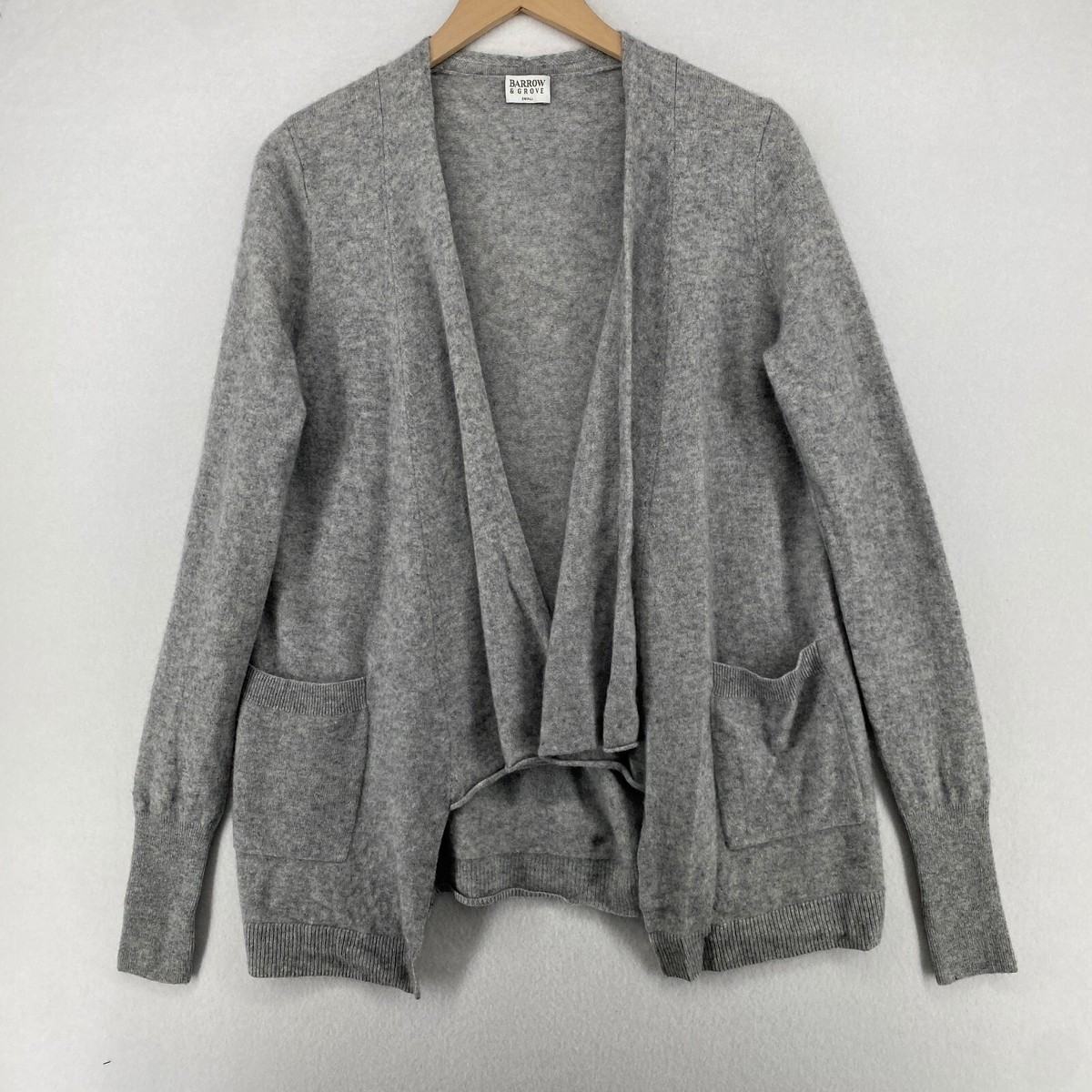 BARROW GROVE Cardigan S Cashmere Knit Draped Open Front Sweater Marled  Gray