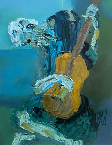 Abstract The Guitarist Picasso Redux Palette Knife Art Original Painting 11x14"