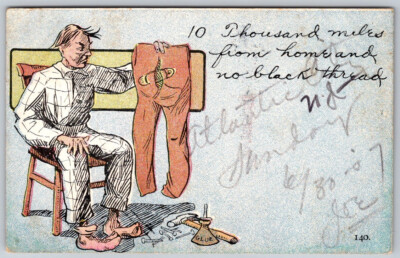 10 Thousand Miles from Home and No Black Thread Humorous c1907 Postcard Stamped