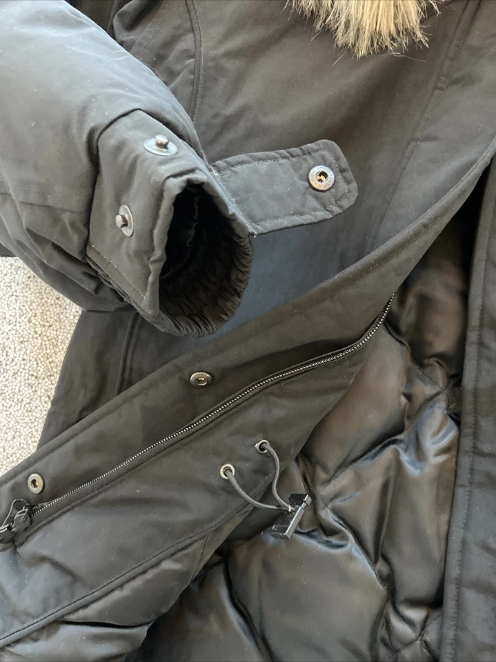 Parka de plumón de ganso Eddie Bauer capucha de piel sintética abrigo de invierno negro para mujer L cremallera a presión Foto 3 de 4