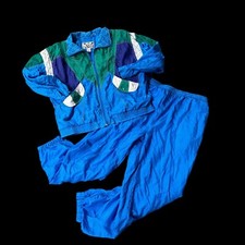 Vintage 1990s Tracksuit Shoulder Pads Blue Green XL Warm Up Jacket Pants