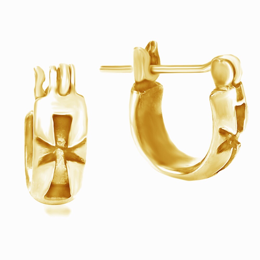 Maltese Cross Inscribed Hoop Lock Earrings 14K Yellow Gold Plated