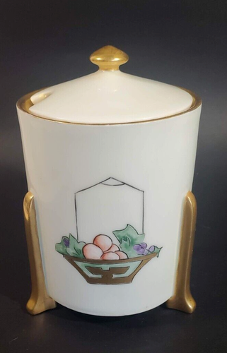 Hand Painted Thomas Bavaria Art Deco Porcelain Jam Pot Fruit Basket Gold c. 1930 - Picture 3 of 15