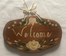 Vtg Handmade Painted Stained Wooden Welcome Hanging Door Decor Ribbon Cottage