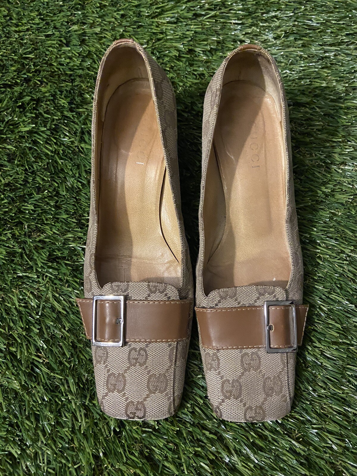 Gucci Womens Pump Heel Canvas Monogram Brown Beige Si… Gem