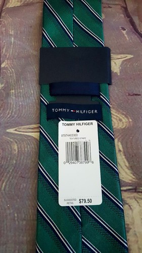 NEW Tommy Hilfiger Hand Woven Mens Neck Tie Silk Textured Stripe Green Navy Blue - Picture 2 of 5