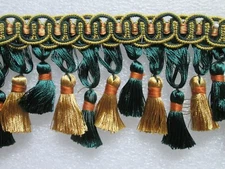 6 yards Scalloped TASSEL FRINGE 4" - GREEN/GOLD/RUST - Fabric Drapery Trim