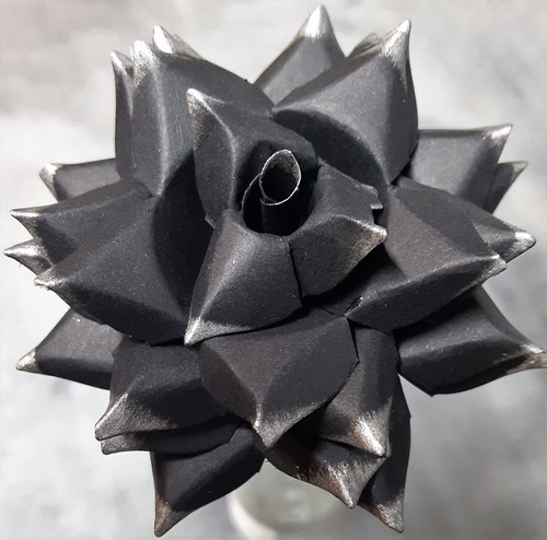 Handmade Paper Flower Broch / Pin (Black w/ Silver Tips) for Romance / Love - Picture 3 of 6