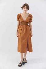 UO Liliana Side Slit Midi Dress Polka Dot Embroidered Smocked Brown Midi New XS