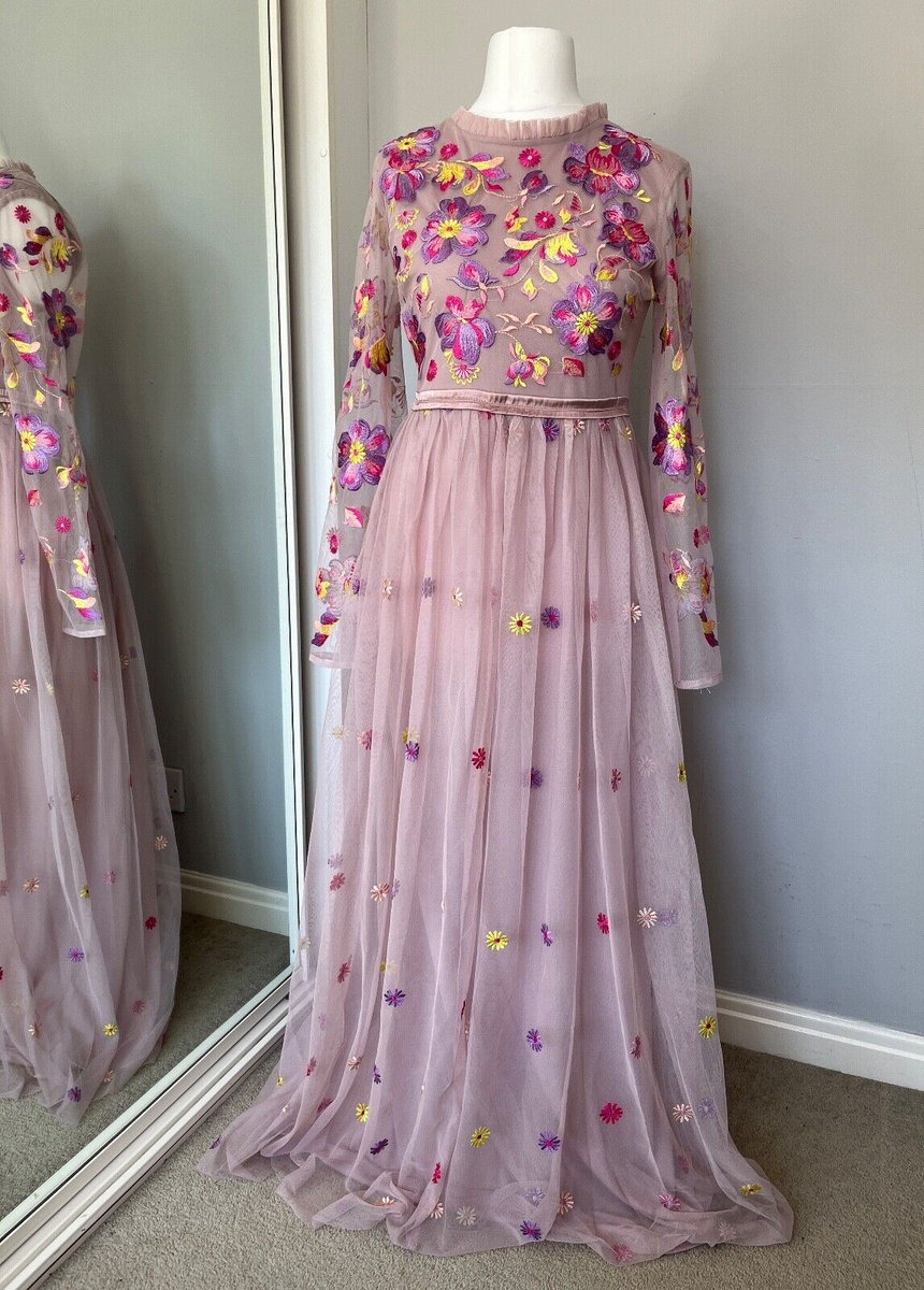 Frock Frill Embroidered Maxi Dress Women Size 12 Pink Cassia