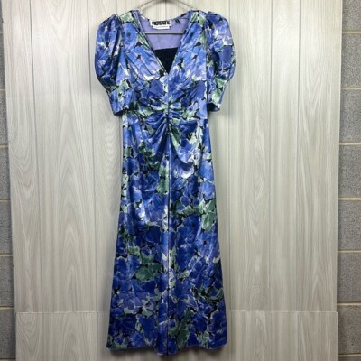 ROTATE Birger Christensen Sierina Womes Midi Dress XS Satin Puff Sleeve Blue