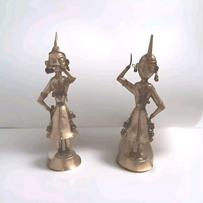 Metal Hindu Ceremonial Musician Figures, Set Of Two. Trumpet Player And Dancer. 
