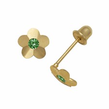 Baby Girl Emerald Birthstone Flower Stud Earrings Screw Back 14K Yellow Gold
