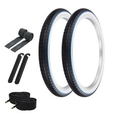 OG TIRES 24 x 2.125 BLACK/WHITE BLUE LINE P-123A W/ TUBES, RIM STRIPS,  LEVER