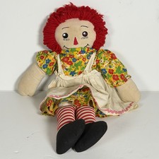 VTG Handmade Fabric Raggedy Ann Doll 19" Tall Hand Crafted w/ Floral Dress Apron