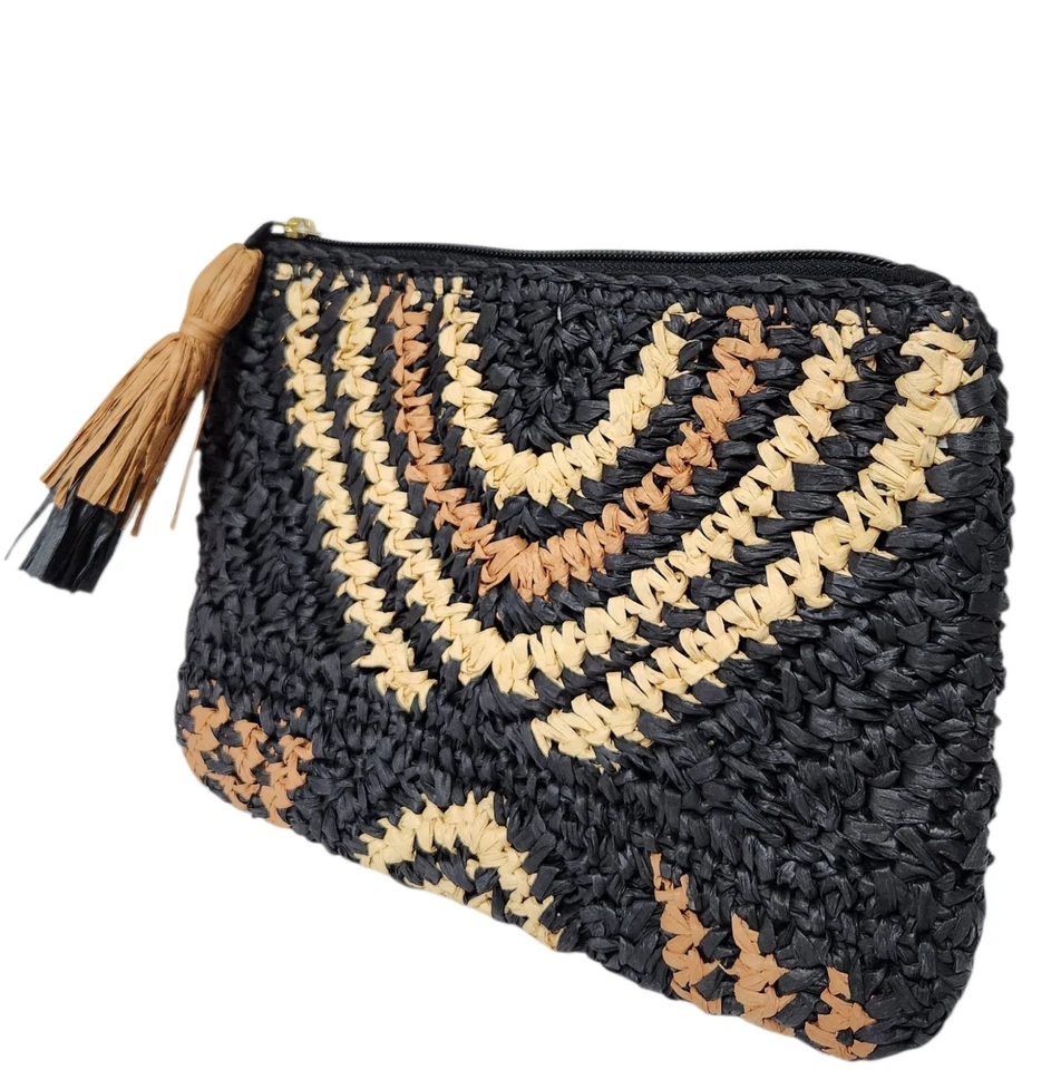 Bolso sin asas Loft Geo de paja con cremallera superior negro natural tejido multicolor nuevo con etiquetas Foto 2 de 4