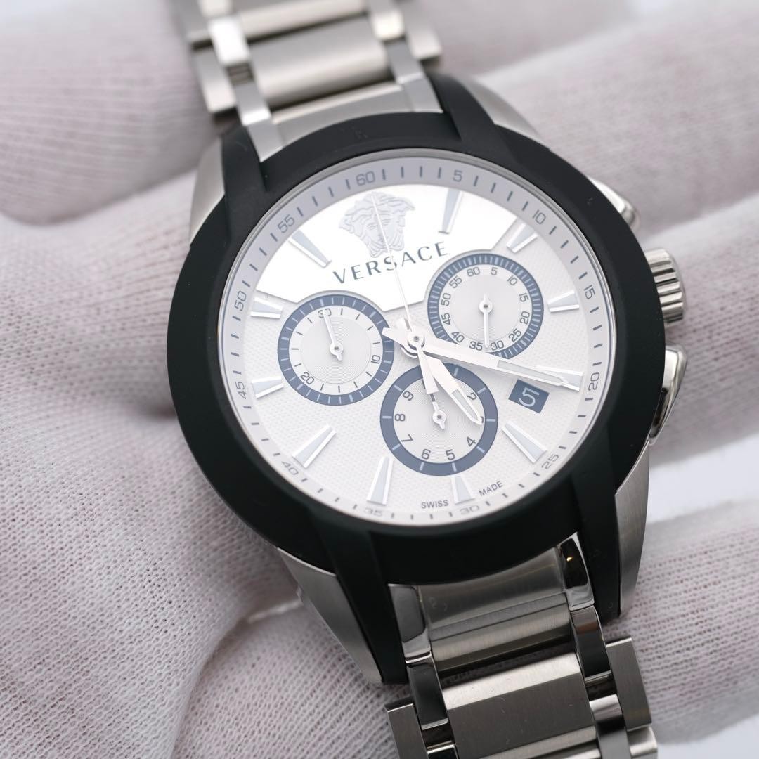 Versace Men's Chronograph Watch Silver Dial Black Rubber Bezel Stainless Steel U thumbnail 3