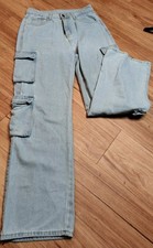 Blue Denim Cargo Pants Light Wash Wide Leg Utility Jeans Streetwear Size S Baggy