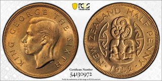 Nueva Zelanda 1952 1/2 centavo graduación profesional MS65 rojo