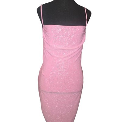 Q Fashion Pink Glitter Cowl Neck Spaghetti Strap Bodycon Mini Dress