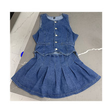Women s L Blue Denim Sleeveless Button Front Pleated Fit Flare Dress