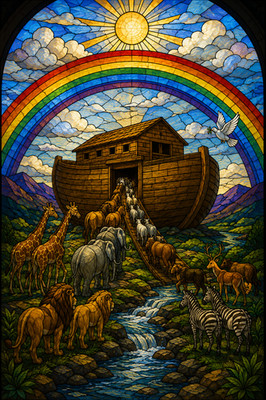 Arche Noah Buntglasoptik biblischer Regenbogen Poster Druck gerahmte Leinwand