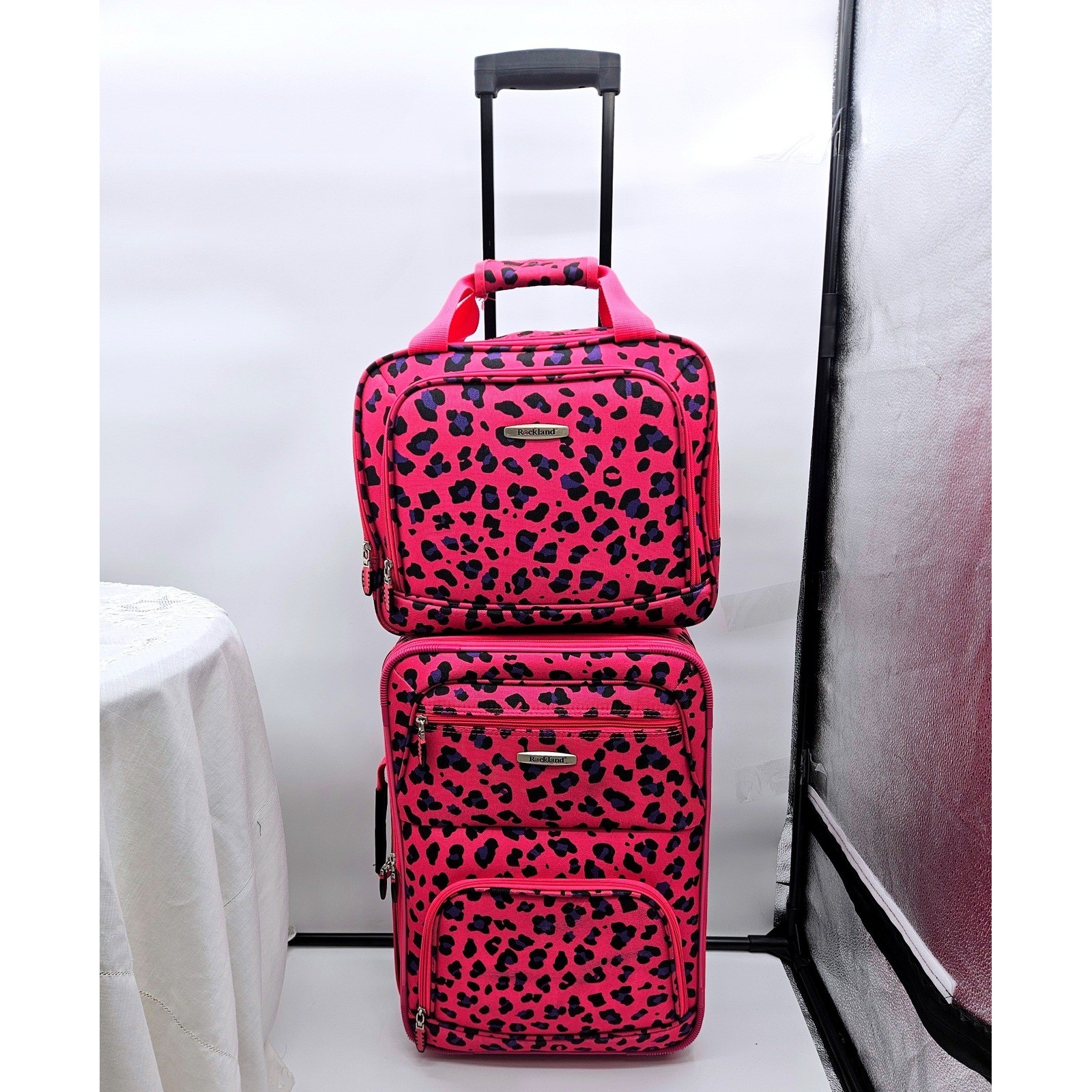 Rockland 2 Piece Luggage Set Pink Black Leopard Print Rolling Carry On & Tote