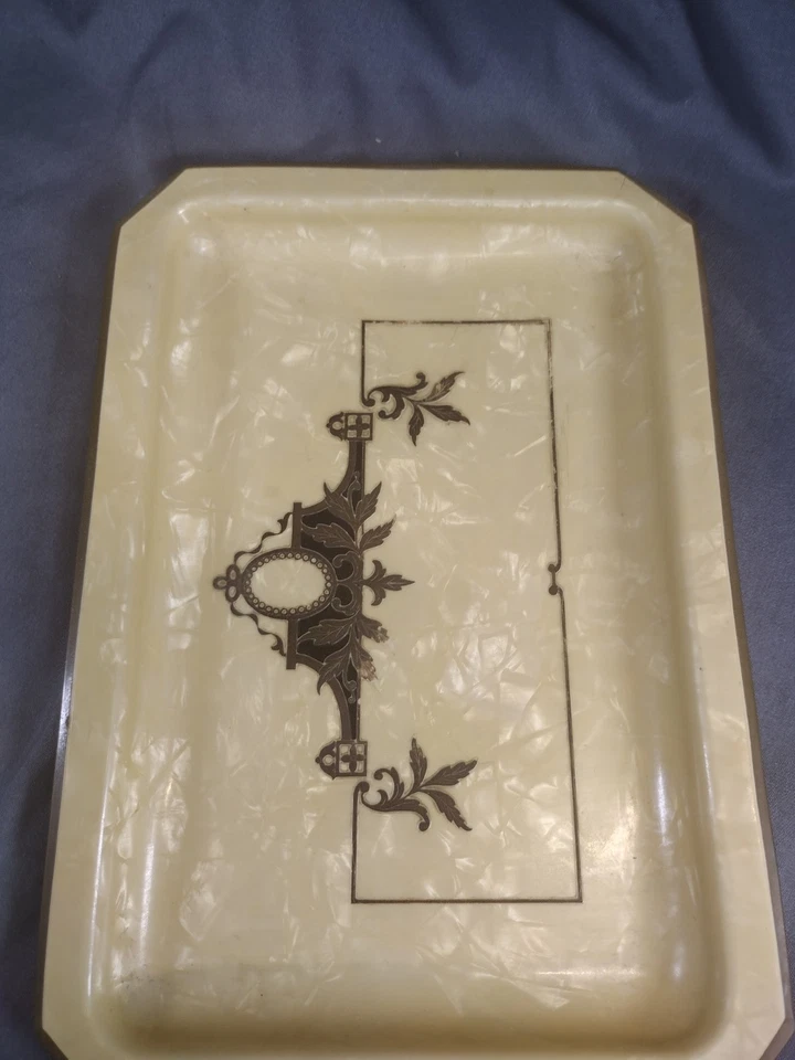 Art Deco Amber Celluloid Pearlescent Valet & Mirror Antique Vanity Set Trinket  - Image 4 of 4