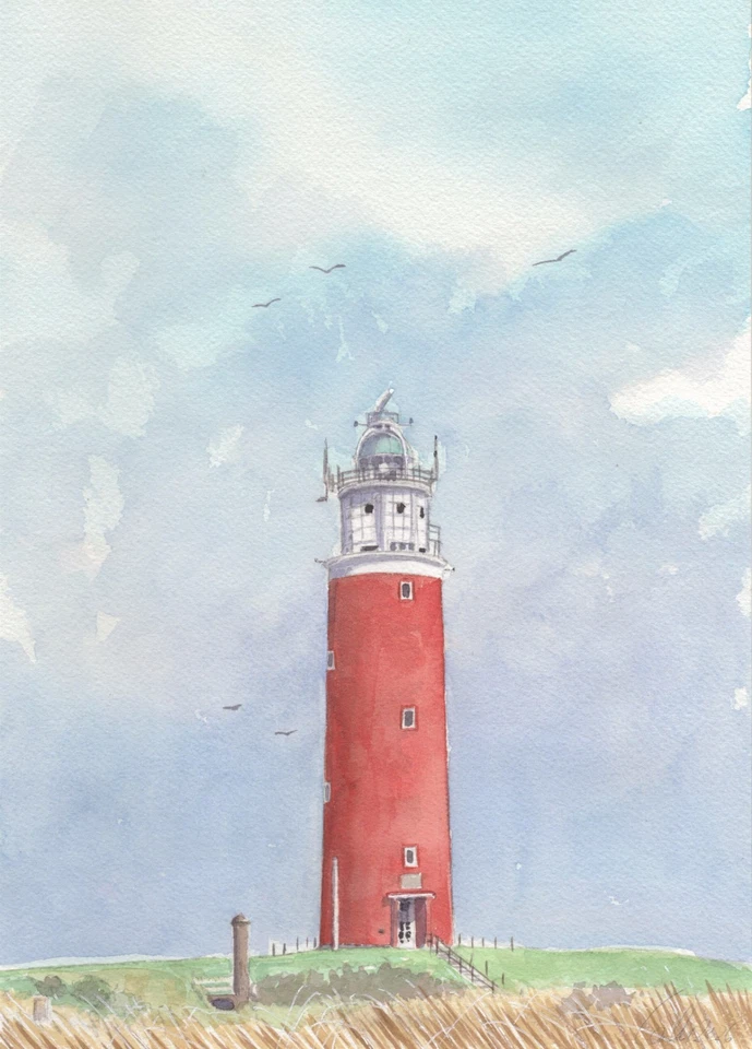 Original Aquarell -Nordsee,Insel,Niederlande -  Leuchtturm Texel - Bild 1 von 1