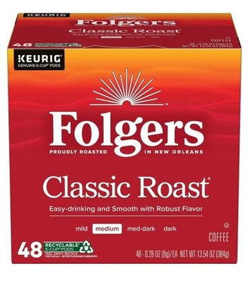 Folgers Classic Roast, Medium Roast Coffee, Keurig K Cup Pods, 48 Count Box x2