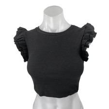 Zara Womens Black Rib Knit Ruffle Flutter Sho...