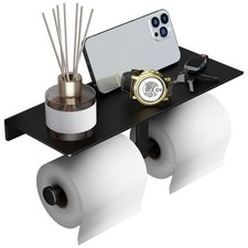 Matte Black Toilet Paper Holder with Shelf, Wall-Mounted Bathroom Organizer, ...
