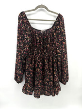 Mi Ami Black Ditsy Floral Peasant Mini Dress Women XL Smocked Boho Ruffle Hem