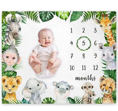 Safari Milestone Blanket, Jungle Animals Baby Growth Chart Monthly Blanket, M...