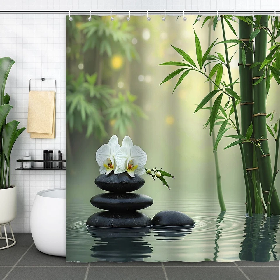 Cortina de Ducha de Jardín Zen Piedra Bambú Flor Blanca Spa Decoración con Ganchos Foto 4 de 4