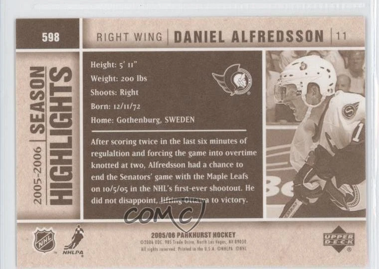2005-06 Parkhurst Season Highlights Daniel Alfredsson #598 HOF - Image 2 of 2
