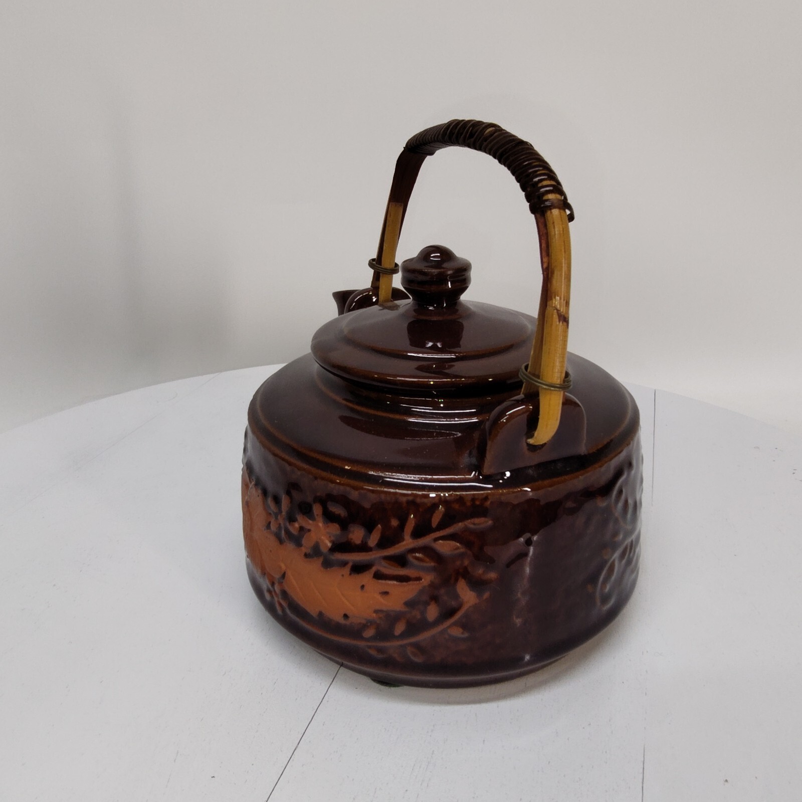 Brown Vintage Japanese Tea Pot Bamboo Handle With Flowers eBay