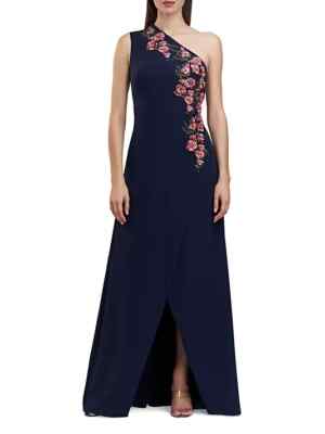 Kay Unger Midnight Blue Nadine Floral Embroidered One-Shoulder Gown Size 6 $348