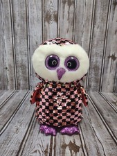 TY Flippables Sequin Plush Stuffed Animal CHECKS The Owl large Beanie Boos