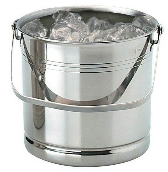 Ice Bucket with Handle Round Polished Stainless Steel Bar Pub No Lid 14cm x 14cm