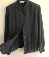 vtg JOSEPHINE Classic Black Pleated Blouse Sz 10 Blind Button Blouson Sleeves