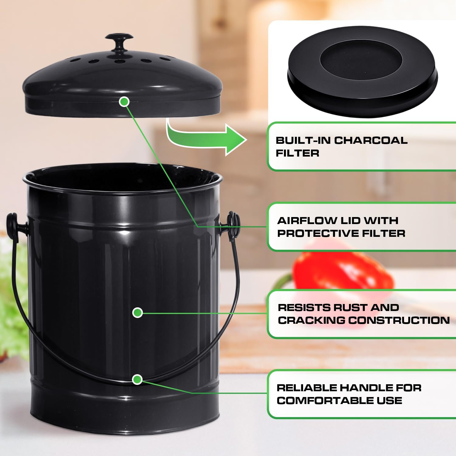 Countertop Compost Bin with Lid Black 1.5 Gallon Odorless Kitchen Compost Con...