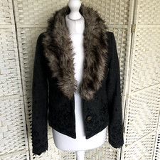 New James Lakeland Womens Smart Wool Grey Textured Blazer Fur Collar Small Uk 10