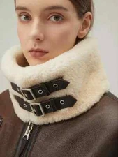 Women's RAF B3 fux Shearling Bomber Jacket Real Sheepskin Leather Aviator Coat