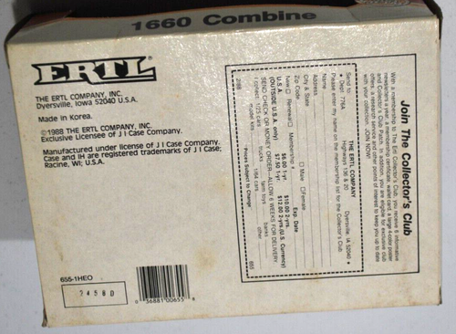 Vintage 1988 1/64 ERTL 1600 Case IH Combine With Both Heads New Factory Sealed - Picture 5 of 5